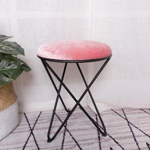 Modern Minimalist Bedroom Dresser Stool Creative Wrought Iron Small Stool(Black Legs + Dark Pink Flannel)