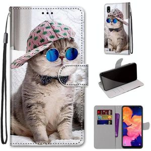 For Samsung Galaxy A10 Coloured Drawing Cross Texture Horizontal Flip PU Leather Case with Holder & Card Slots & Wallet & Lanyard(Oblique Hat Blue Mirror Cat)