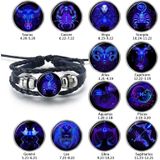 12 Constellation Black Braided Leather Glass Dome Punk Men Bracelet(Leo)