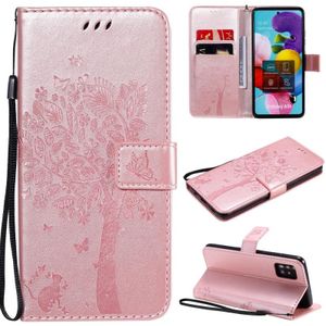 For Samsung Galaxy A51 5G Tree & Cat Embossed Pattern Horizontal Flip Leather Case with Holder & Card Slots & Wallet & Lanyard(Rose Gold)