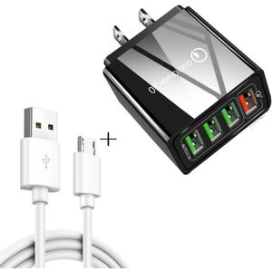 2 in 1 1m USB to Micro USB Data Cable + 30W QC 3.0 4 USB Interfaces Mobile Phone Tablet PC Universal Quick Charger Travel Charger Set  US Plug(Black)