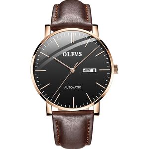 OLEVS 5882 Men Business Ultra-thin Waterproof Automatic Mechanical Watch(Leather Strap Black)