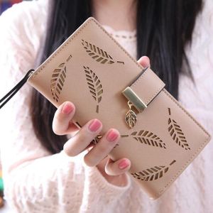 Long Gold Hollow Leaves Coin Purse Card Holders Wallet for Women(Apricot)