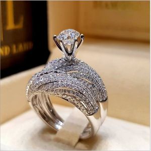 2 PCS Women Vintage 925 Silver Diamond Wedding Ring  Size:8