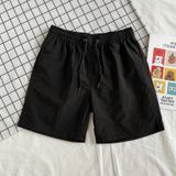 Summer Loose Casual Solid Color Shorts Polyester Drawstring Beach Shorts for Men (Color:Black Size:L)