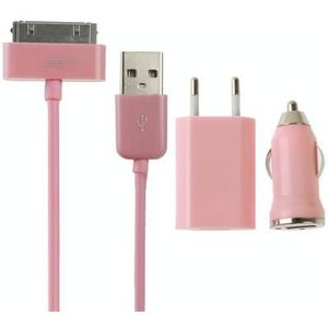 3 in 1 iPhone iPod iPad Thuislader Auto oplader Kabel Licht Roze