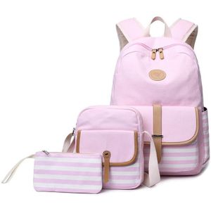 8893-1 3 PCS/Set Canvas Backpack Printed Student Schoolbag Striped Computer Bag(Pink)