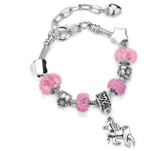 2 PCS Crystal Unicorn Bracelet DIY Handmade Jewelry Female Child Snake Bone Bracelet Length:16cm(SL159 Pink)