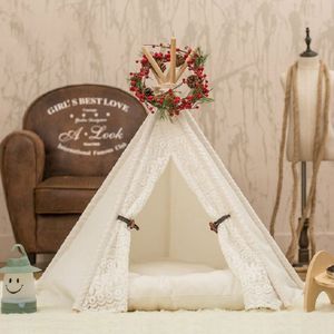 Removable and Washable Canvas Fabric Pet Nest Pet Tent  Size:60x60x70cm  Style:Spiked Lace (with Pad)