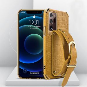 Voor Samsung Galaxy Note20 Ultra gegalvaniseerde TPU krokodil patroon lederen hoesje met polsband (geel)