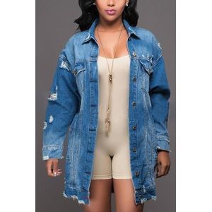 Women Plus Size Mid-length Ripped Denim Trench Coat (S)