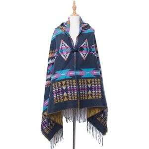 Autumn And Winter Horn Buckle Ethnic Style Hooded Cloak Shawl Bohemian Hooded Shawl  Size:135-175cm(A Style Navy Blue)