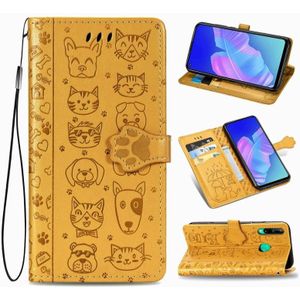 For Huawei Y7P Cute Cat and Dog Embossed Horizontal Flip Leather Case with Bracket / Card Slot / Wallet / Lanyard(Yellow)