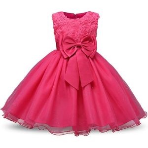 Rose Red Girls Sleeveless Rose Flower Pattern Bow-knot Lace Dress Show Dress  Kid Size: 140cm