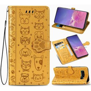 Voor Galaxy S10 Cute Cat en Dog Embossed Horizontale Flip Lederen Case met beugel / kaartslot / Portemonnee / Lanyard(Geel)