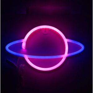 LED Planet Neon Light Bedroom Universe Shape Decoration Night Light(Blue + Pink Light)