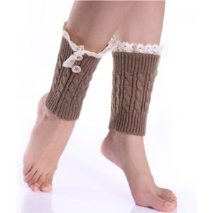 3 Pairs Lace Double Button Knitted Short Leg Warm Women Boots Socks(Khaki)