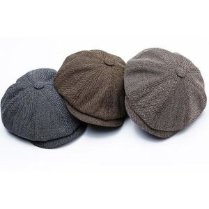 14128 Stripe Snap Design Beret Autumn And Winter Retro Wild Octagonal Hat  Size: 58CM(Dark Gray)