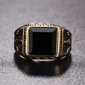 Europe and America Style Punk Gothic Retro Black Onyx Gemstone Men Titanium Steel Ring  US Size: 13  Diameter: 22.3mm  Perimeter: 70mm(Gold)
