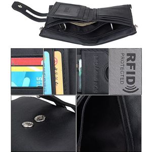 Genuine Cowhide Leather Crazy Horse Texture Zipper 3-folding Card Holder Wallet RFID Blocking Coin Purse Card Bag Protect Case for Men  Size: 12*9.5*3.5cm(Black)