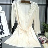 2 in 1 Ladies Lace Silk Sling Nightdress + Cardigan Nightgown Set (Color:LIGHT Champagne Size:M)