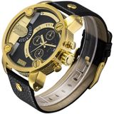 CAGARNY 6818 Fashionable DZ Style Large Dial Dual Clock Quartz Movement Sport Wrist Watch with Leather Band & Calendar Function for Men(Black Band Gold Case)
