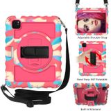 For iPad Air 2020 10.9 360 Degree Rotation PC + Silicone Shockproof Combination Case with Holder & Hand Grip Strap & Neck Strap & Pen Slot Holder(Colorful+Hot Pink)