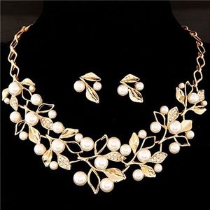 Leaf Crystal Simulated Pearl Wedding Jewelry Necklaces Earrings Sets(Gold)