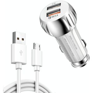 YSY-310QC18W QC3.0 Dual Port USB Car Charger + 3A USB to Micro USB Data Cable  Cable Length: 1m(White)