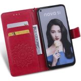 Pressed Printing Sunflower Pattern Horizontal Flip PU Leather Case for Huawei Nova 5i / P20 Lite (2019)  with Holder & Card Slots & Wallet & Lanyard (Red)