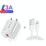 LZ-023 18W QC 3.0 USB Portable Travel Charger + 3A USB to 8 Pin Data Cable  US Plug(White)