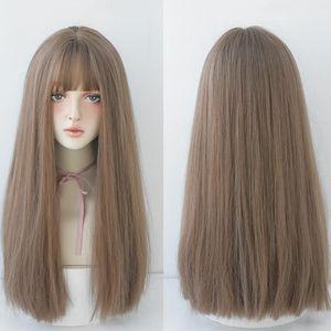Wig Female Long Hair Full Headgear Straight Hair Natural Air Bangs Full Top Wig(Honey Tea Linen 58CM)