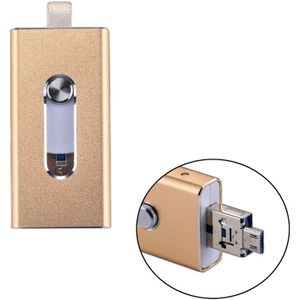 RQW-02 3 in 1 USB 2.0 & 8 Pin & Micro USB 16GB Flash Drive  for iPhone & iPad & iPod & Most Android Smartphones & PC Computer(Gold)