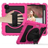 For iPad Air 2020 10.9 360 Degree Rotation PC + Silicone Shockproof Combination Case with Holder & Hand Grip Strap & Neck Strap & Pen Slot Holder(Hot Pink)