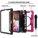 For iPad Air 2020 10.9 360 Degree Rotation PC + Silicone Shockproof Combination Case with Holder & Hand Grip Strap & Neck Strap & Pen Slot Holder(Hot Pink)