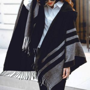 Autumn and Winter Ladies Hooded Warm Thick Tassel Cloak Shawl Scarf Dual-use  Width:65cm(Black)