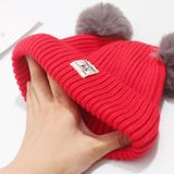 Autumn and Winter Children Cotton Double Ball Earmuffs Knitted Hat  Size:Plus Cashmere(Wine Red)