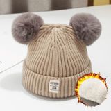 Autumn and Winter Children Cotton Double Ball Earmuffs Knitted Hat  Size:Plus Cashmere(Wine Red)