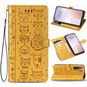 Voor Huawei Nova 7SE/P40 Lite 5G Cute Cat en Dog Embossed Horizontale Flip Lederen Case met beugel / kaartslot / Portemonnee / Lanyard(Geel)