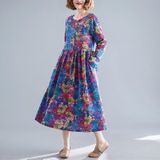 Loose Mid-length Ethnic Style Womens Long-sleeved Printed Cotton And Linen Dress (Color:Rose Red Size:L)