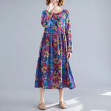 Loose Mid-length Ethnic Style Womens Long-sleeved Printed Cotton And Linen Dress (Color:Rose Red Size:L)