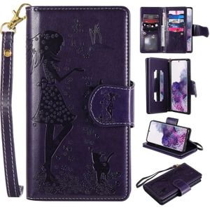 For Samsung Galaxy S20+ Woman and Cat Embossed Horizontal Flip Leather Case  with Card Slots & Holder & Wallet & Photo Frame & Mirror & Lanyard(Purple)