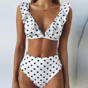Sexy Retro Lovely V Neck Dot Ruffled Bathing Suit High Waist Swimsuit Bikini Set  Size:L(White Bikini)