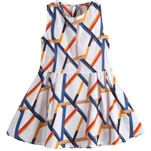 Sleeveless Geometric Pattern Casual Girls Dress  Kid Size:150cm(White)