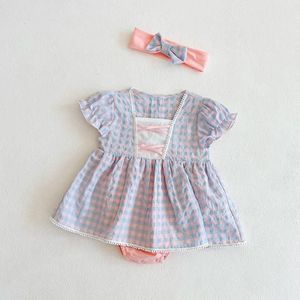 Girls Small Plaid Lace One-piece Romper And Skirt Romper (Color:Pink Blue Size:90)