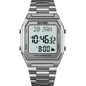 SKMEI 1763 Qibla Calendar Timing Multifunctional LED Digital Display Stainless Steel Strap Luminous Electronic Watch(Silver and White)
