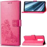 Lucky Clover Pressed Flowers Pattern Leather Case for Sony Xperia 1 / Xperia XZ4  with Holder & Card Slots & Wallet & Hand Strap (Rose Red)