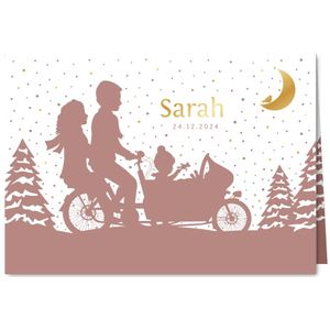 Winters geboortekaartje silhouet broer en zusje in bakfiets