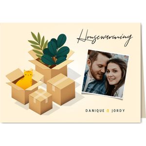 Hippe uitnodiging housewarming verhuisdozen, planten en kat