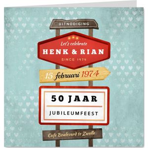 Jubileum uitnodiging retro vintage wegwijzers met hartjes